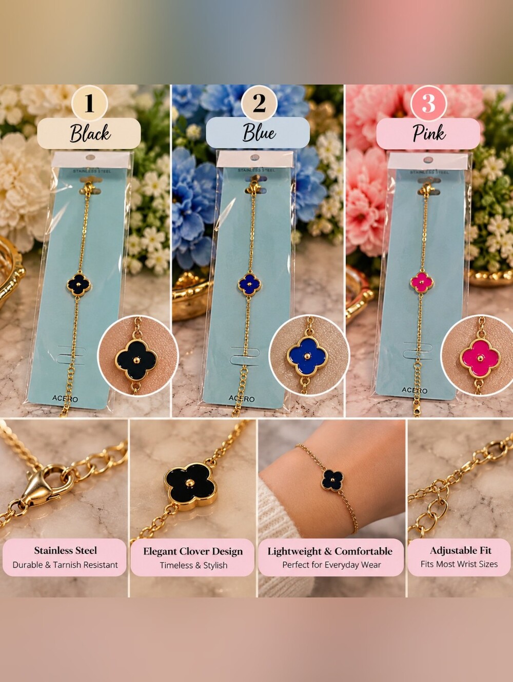 🍀 Clover Stainless Steel Bracelet – Choose Your Favorite Color